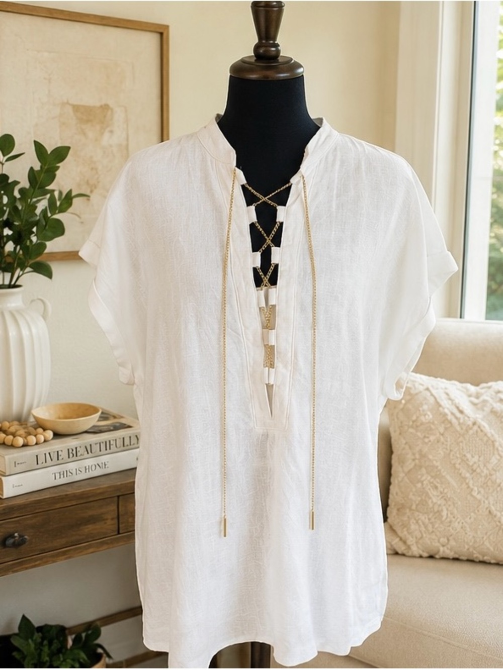 Michael Kors linen White V-Neck Chain Lace-Up Boho Tunic Top